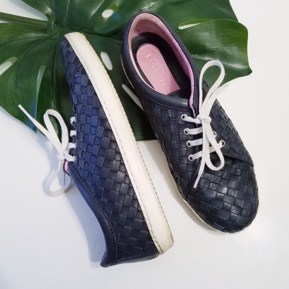 Robert Zur Woven Navy Leather Terri Tie Sneakers Size 10